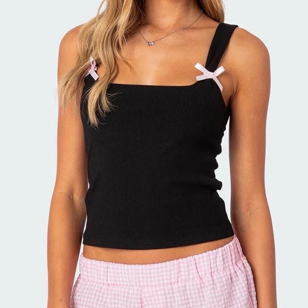 Gaze Black Tank Top Pink Bow Ribbon Detail Y2K Coquette Size M NWT!!